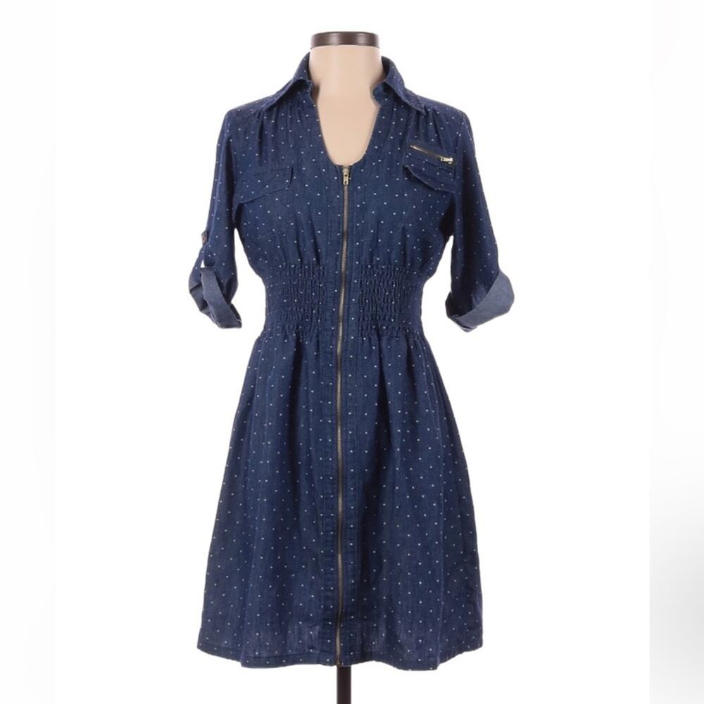 J Gee denim polka‎ dot zip up shirt dress, size small